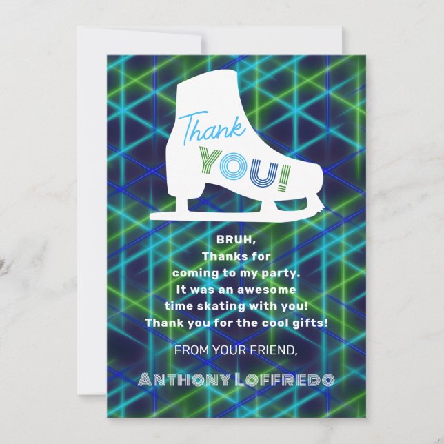 Ice Skating Neon Glow Boys Birthday Party  Thank You Card (Front)