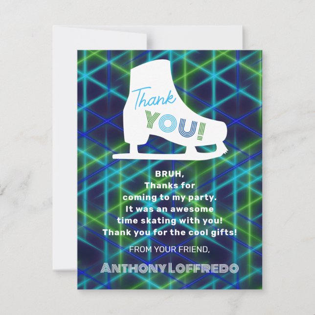 Ice Skating Neon Glow Boys Birthday Party  Thank You Card (Front)