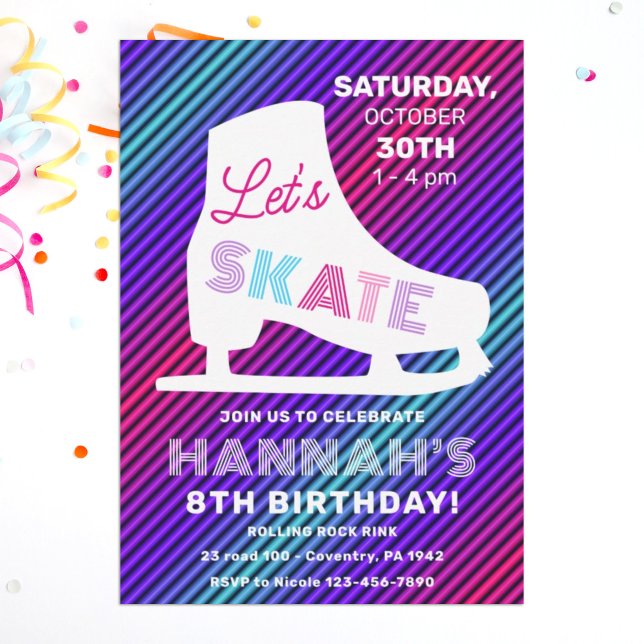 Ice Skating Neon Glow Girls Birthday Party Invitation (Creator Uploaded)