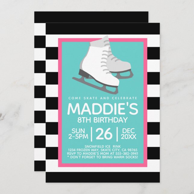 Ice Skating Party Birthday Invitations Tween Teen (Front/Back)