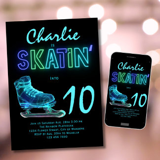 Ice Skating Party Boys Neon Glow Birthday Invitation