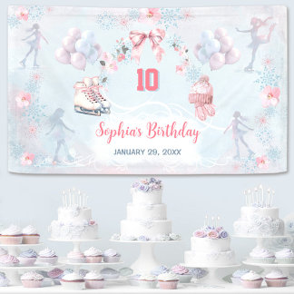 Ice Skating Party Pink Blue Winter Girl Birthday  Banner