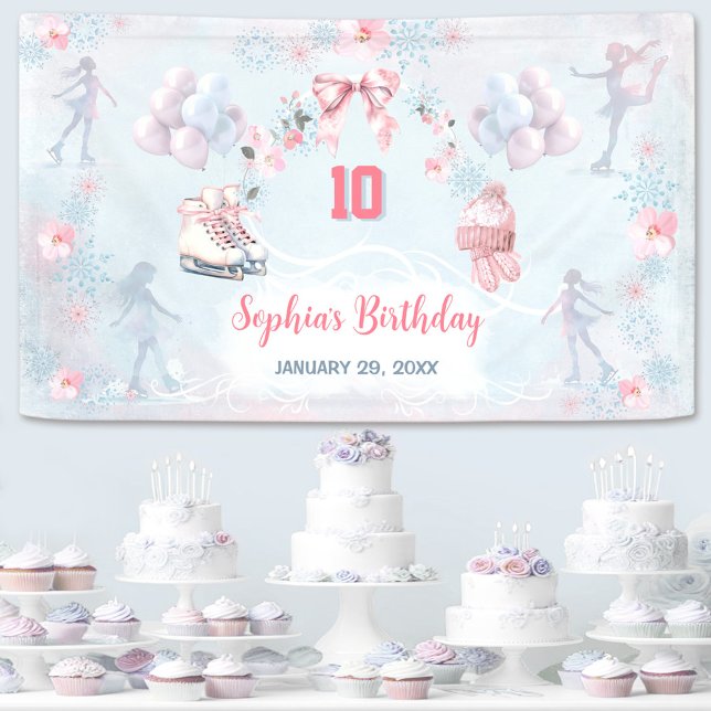 Ice Skating Party Pink Blue Winter Girl Birthday  Banner (Ice Skating Party Pink Blue Winter Girl Birthday Banner)