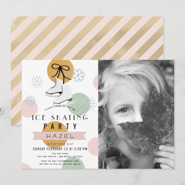 Ice Skating Party Winter Pink Girl Photo Birthday Invitation (Front/Back)