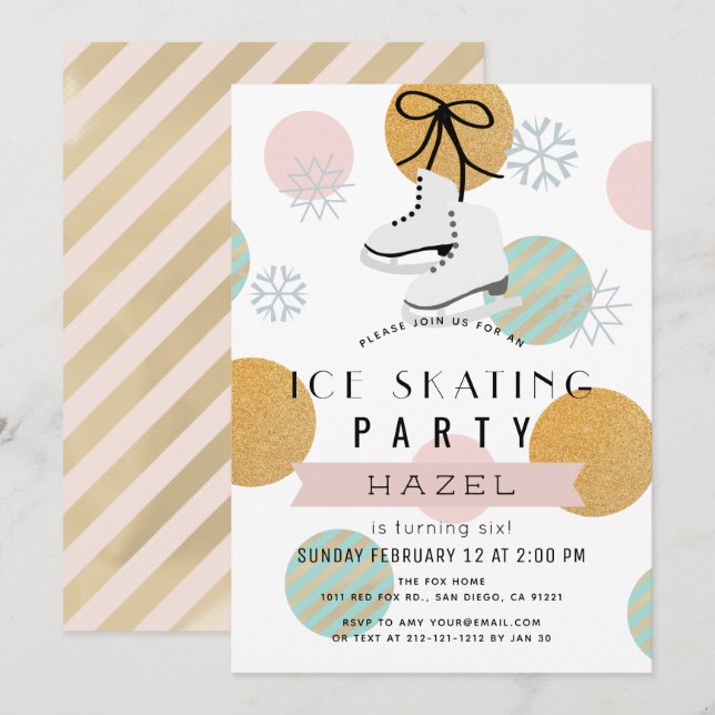 Ice Skating Party Winter Pink Gold Girl Birthday Invitation (Front/Back)
