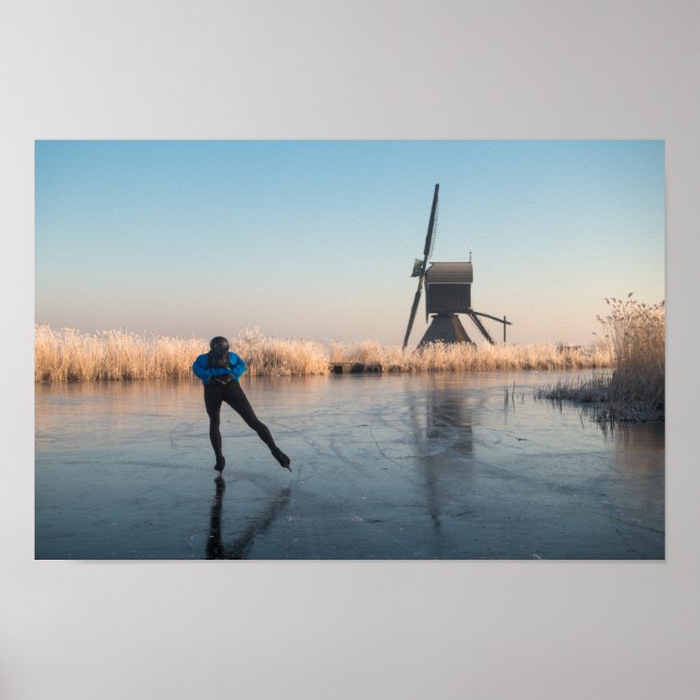 Ice skating past windmill and reeds poster (Front)