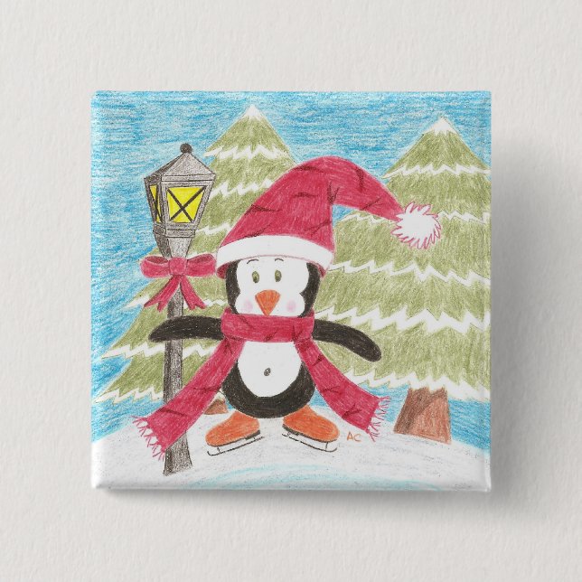 Ice skating penguin 15 cm square badge (Front)