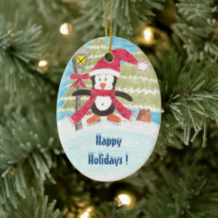 Ice skating penguin, Happy Holidays ! Ceramic Tree Decoration