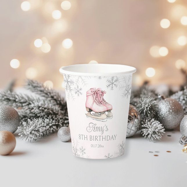 Ice Skating Pink Silver Glitter Snowflake Birthday Paper Cups (Creator Uploaded)