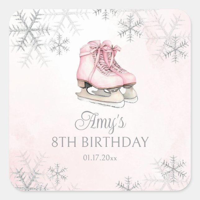Ice Skating Pink Silver Glitter Snowflake Birthday Square Sticker (Front)