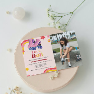 Ice Skating Retro groovy Birthday let's roll Girls Announcement