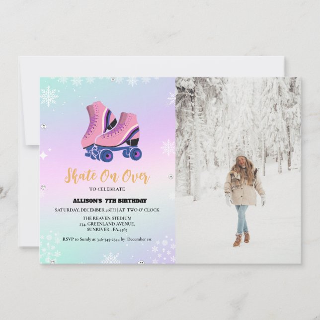Ice Skating Winter Birthday Skate On over Girls Announcement (Front)