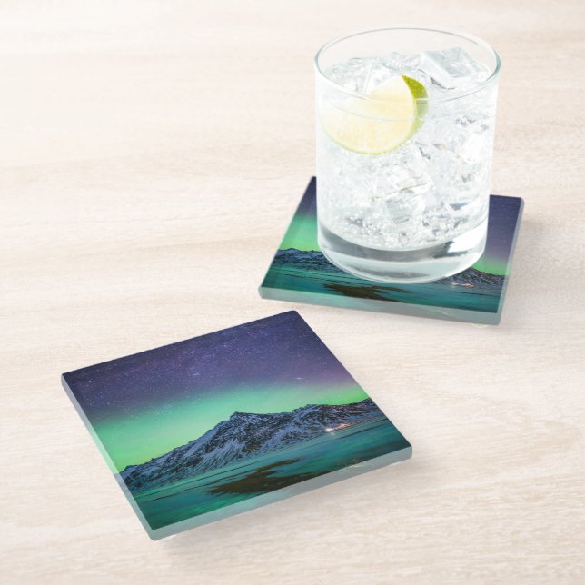 Ice & Snow | Aurora Borealis Milky Way Iceland Glass Coaster (Angled)