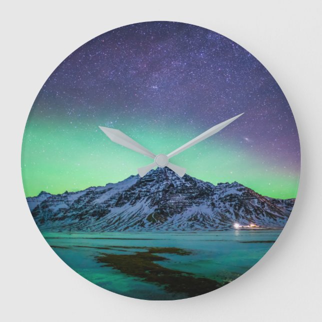 Ice & Snow | Aurora Borealis Milky Way Iceland Large Clock (Front)
