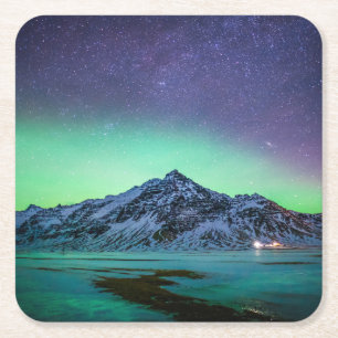 Ice & Snow   Aurora Borealis Milky Way Iceland Square Paper Coaster