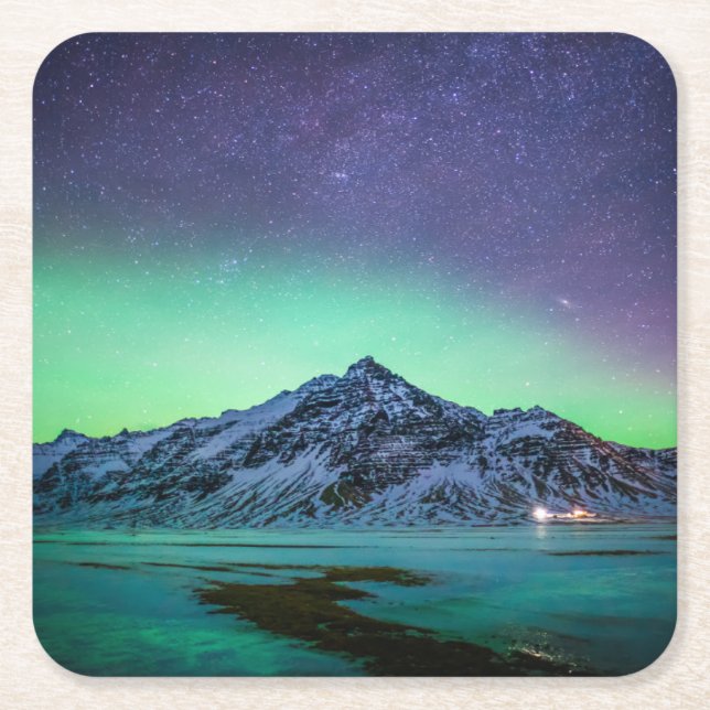 Ice & Snow | Aurora Borealis Milky Way Iceland Square Paper Coaster (Front)