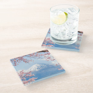 Ice & Snow Cherry Blossoms Mt. Fuji Japan Glass Coaster