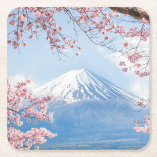 Ice & Snow Cherry Blossoms Mt. Fuji Japan Square Paper Coaster