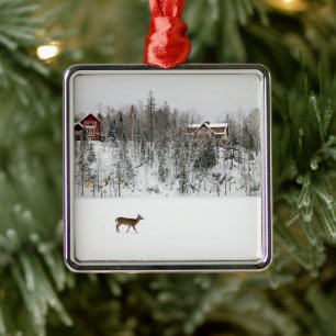 Ice & Snow   Deer in Snow Quebec, Canada Metal Tree Decoration