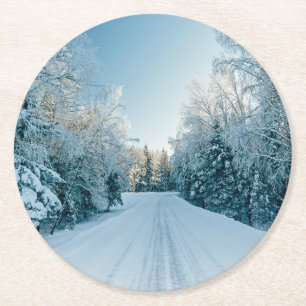 Ice & Snow   Frozen Winter Road Russia, Siberia Round Paper Coaster