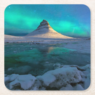 Ice & Snow Kirkjufell Mountain, Iceland Square Paper Coaster