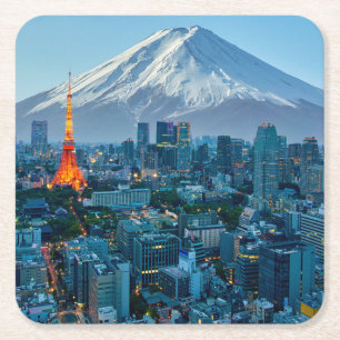 Ice & Snow Mt. Fuji & Tokyo Skyline Square Paper Coaster
