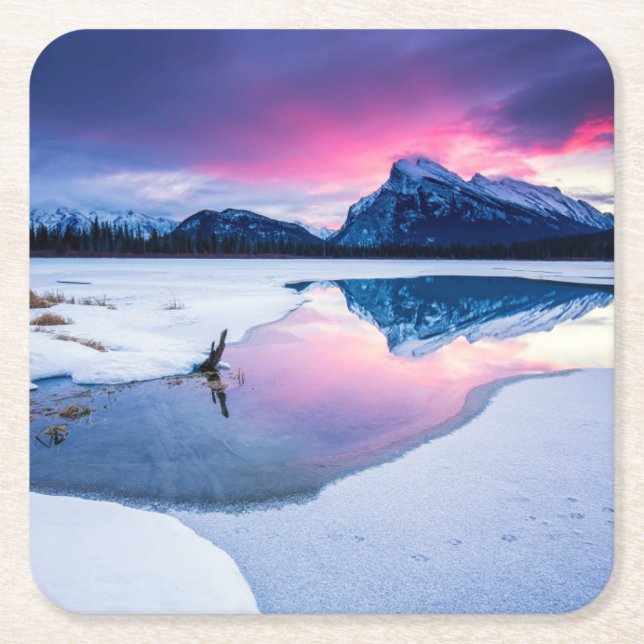 Ice & Snow | Mt. Rundle, Canada Square Paper Coaster (Front)