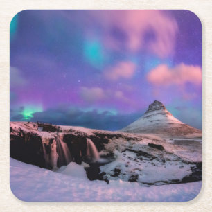 Ice & Snow Northern Lights, Kirkjufell Mountain Square Paper Coaster