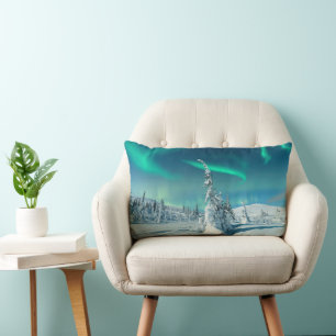 Ice & Snow Northern Lights, Lapland, Finland Lumbar Cushion