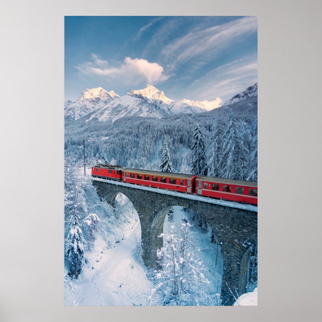 Ice & Snow | Red Bernina Express Train Switzerland Poster (Front)