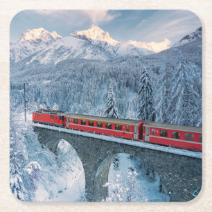 Ice & Snow   Red Bernina Express Train Switzerland Square Paper Coaster