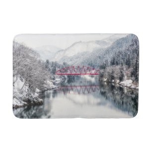 Ice & Snow Red Bridge in Winter, Japan Bath Mat