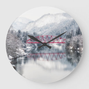 Ice & Snow Red Bridge in Winter, Japan Large Clock