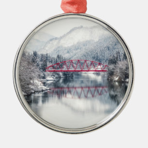 Ice & Snow   Red Bridge in Winter, Japan Metal Tree Decoration