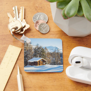 Ice & Snow   Winter Log Cabin Swiss Alps Key Ring
