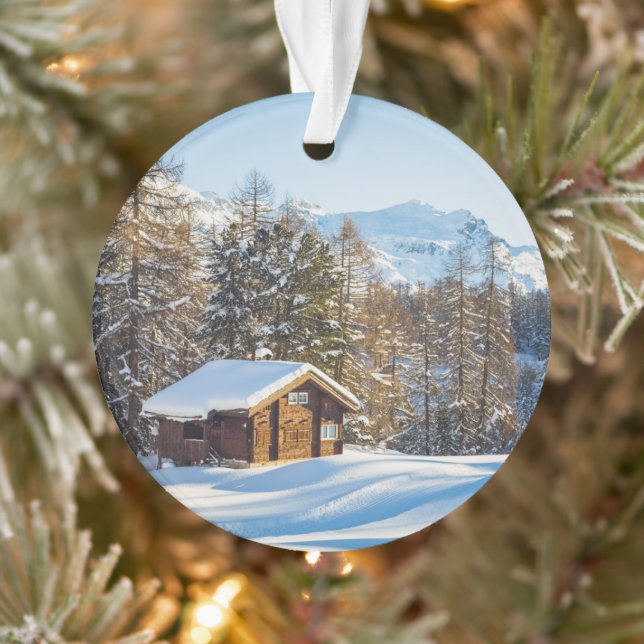 Ice & Snow | Winter Log Cabin Swiss Alps Ornament (Tree)