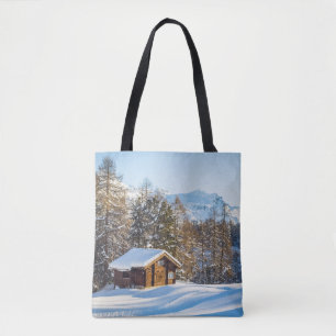 Ice & Snow Winter Log Cabin Swiss Alps Tote Bag