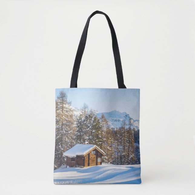 Ice & Snow | Winter Log Cabin Swiss Alps Tote Bag (Front)