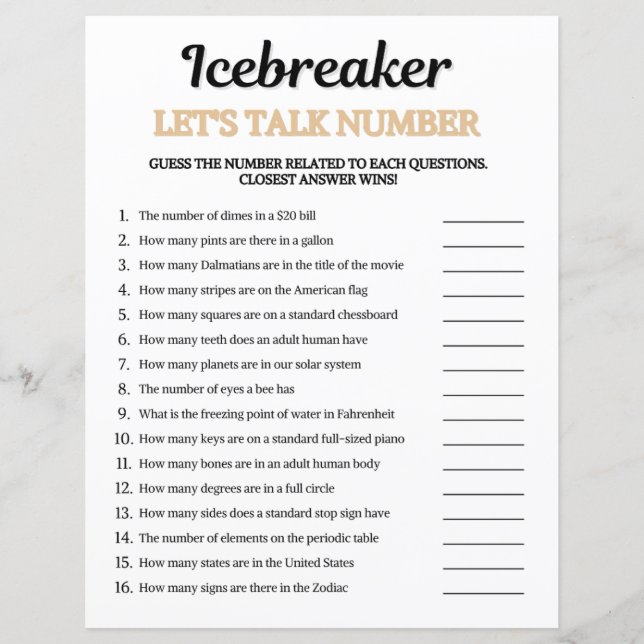Icebreaker Let's Talk Number Game (Front)