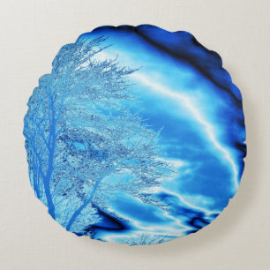 Iced Winter Tree in Cobalt Blue Sky Round Cushion