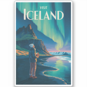 Iceland Northern Lights Illustration Travel Art Vi
