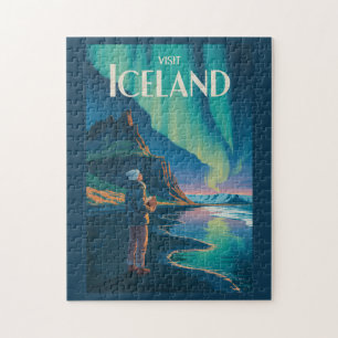 Iceland Northern Lights Illustration Travel Art Vi Jigsaw Puzzle