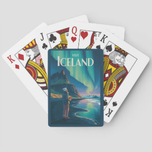 Iceland Northern Lights Illustration Travel Art Vi Playing Cards