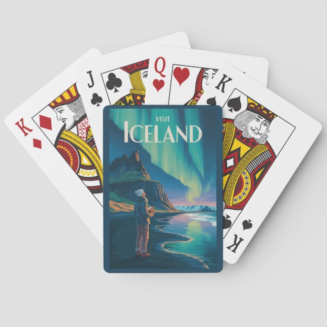 Iceland Northern Lights Illustration Travel Art Vi Playing Cards (Back)