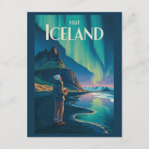Iceland Northern Lights Illustration Travel Art Vi Postcard