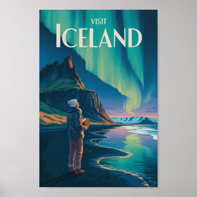 Iceland Northern Lights Illustration Travel Art Vi Poster (Front)