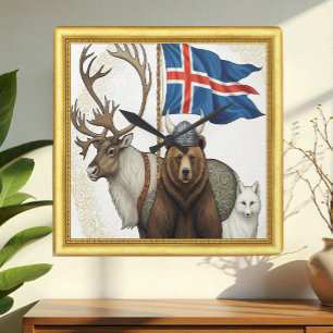 Iceland Reindeer, Bear, Arctic Fox Art Nouveau Square Wall Clock