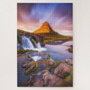Iceland sunset, beautiful landscape with waterfall jigsaw puzzle