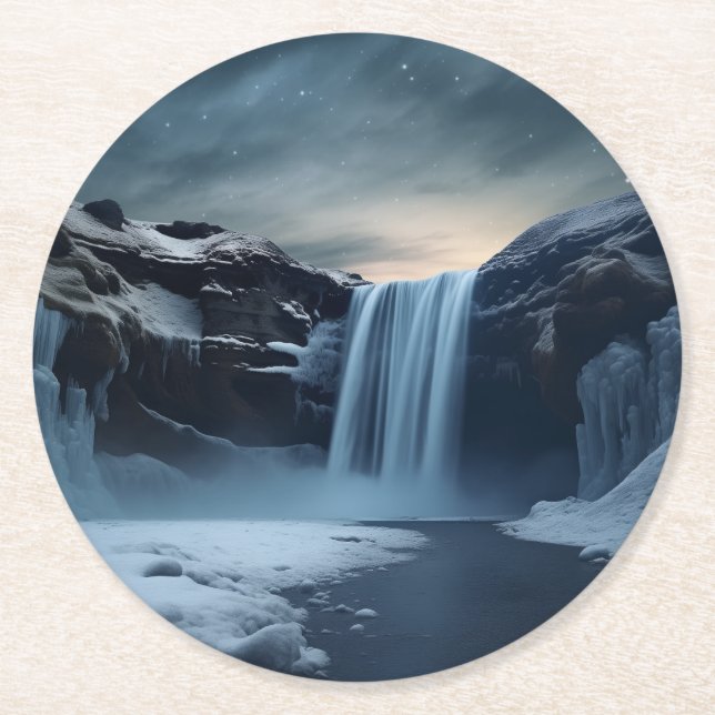 Iceland waterfall landscape round paper coaster (Front)