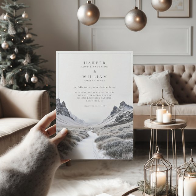 Iceland winter escape wedding invitation (stylish wedding invitation with a calm and scenic winter view)